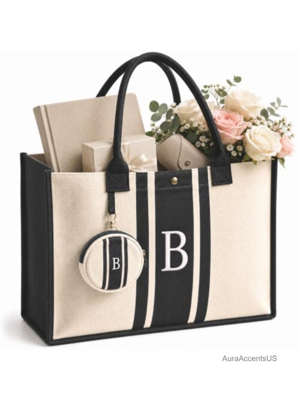 Monogrammed Initial Canvas Tote Bag Zip Pouch Cotton Workday Teacher Gift